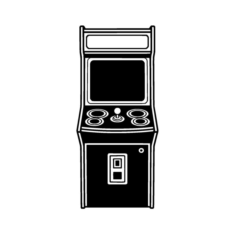 A clean illustration of a classic upright arcade game machine with joystick and buttons centered vector