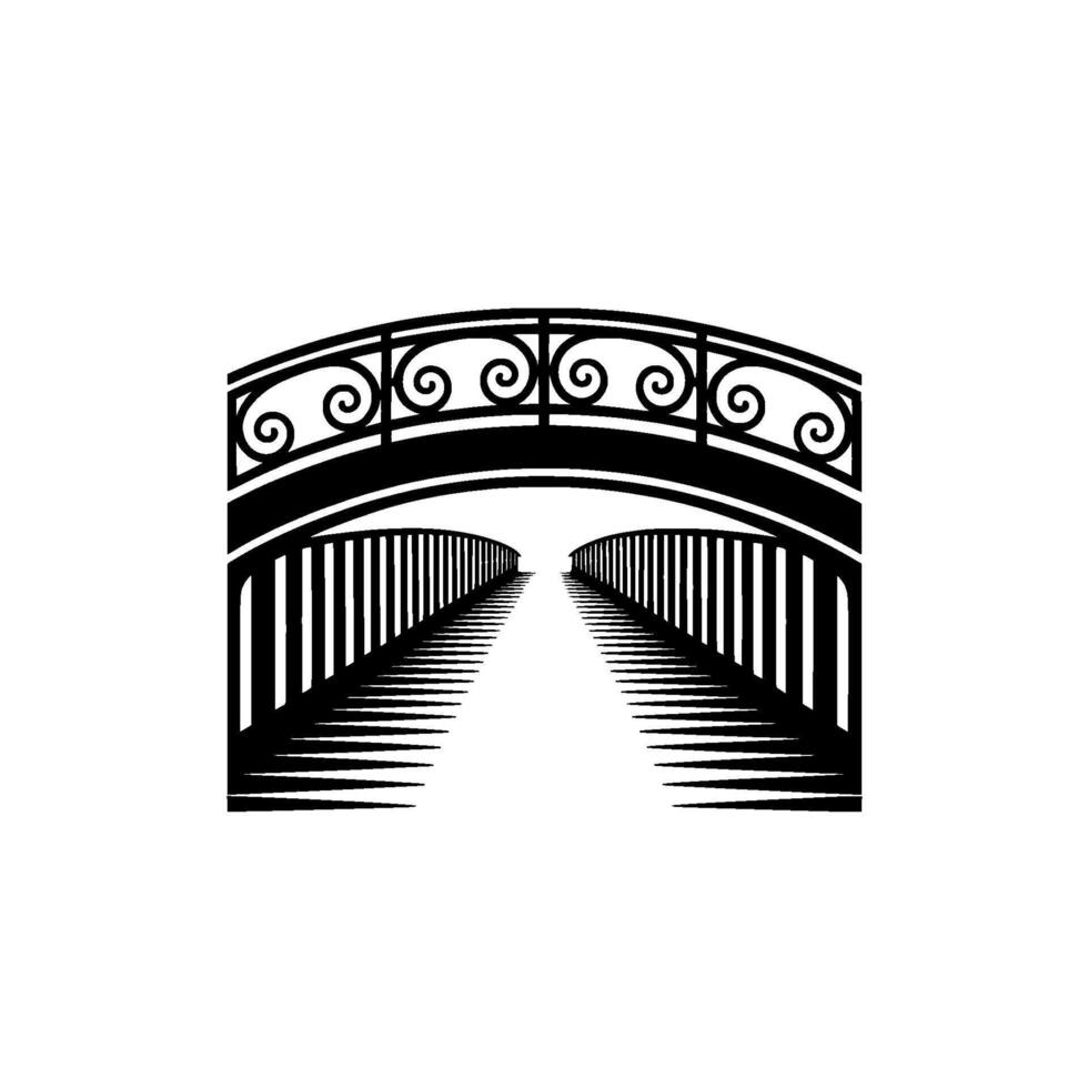 Elegant silhouette of a curved pedestrian bridge with ornate scrolled railings and a perspective view of its railing pattern vector