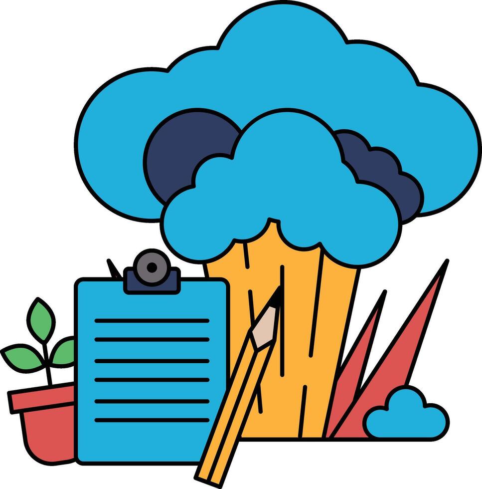 A black and white drawing of a tree with a clipboard and a pencil next to it vector