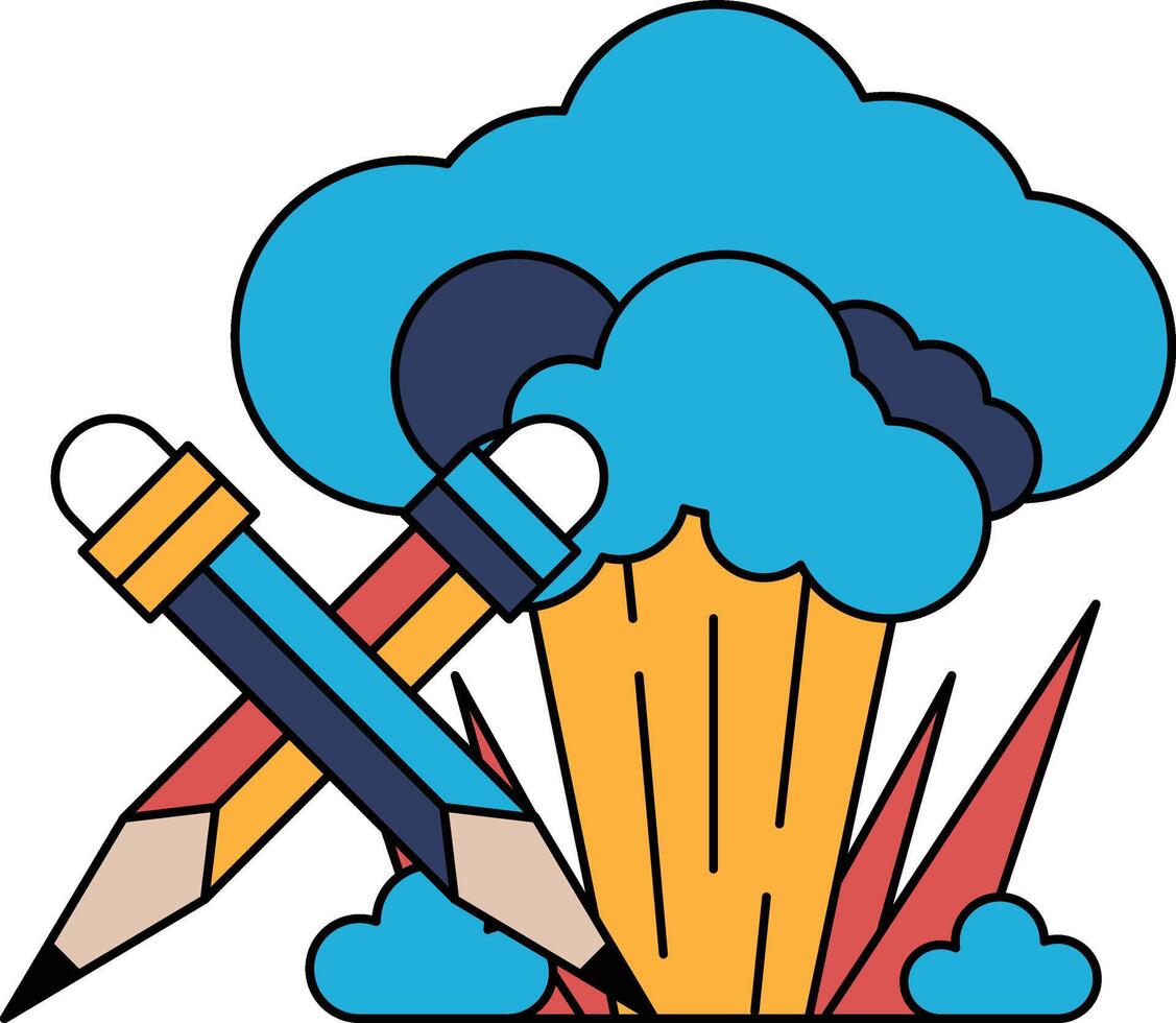 A drawing of a pencil and two pencils with a cloud in the background vector