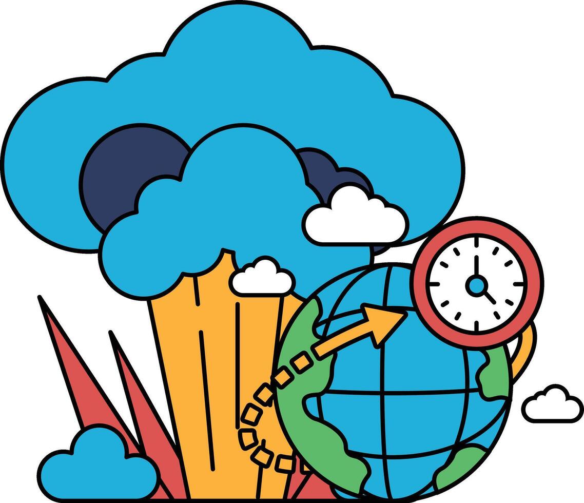 A black and white drawing of a planet with a clock on it vector