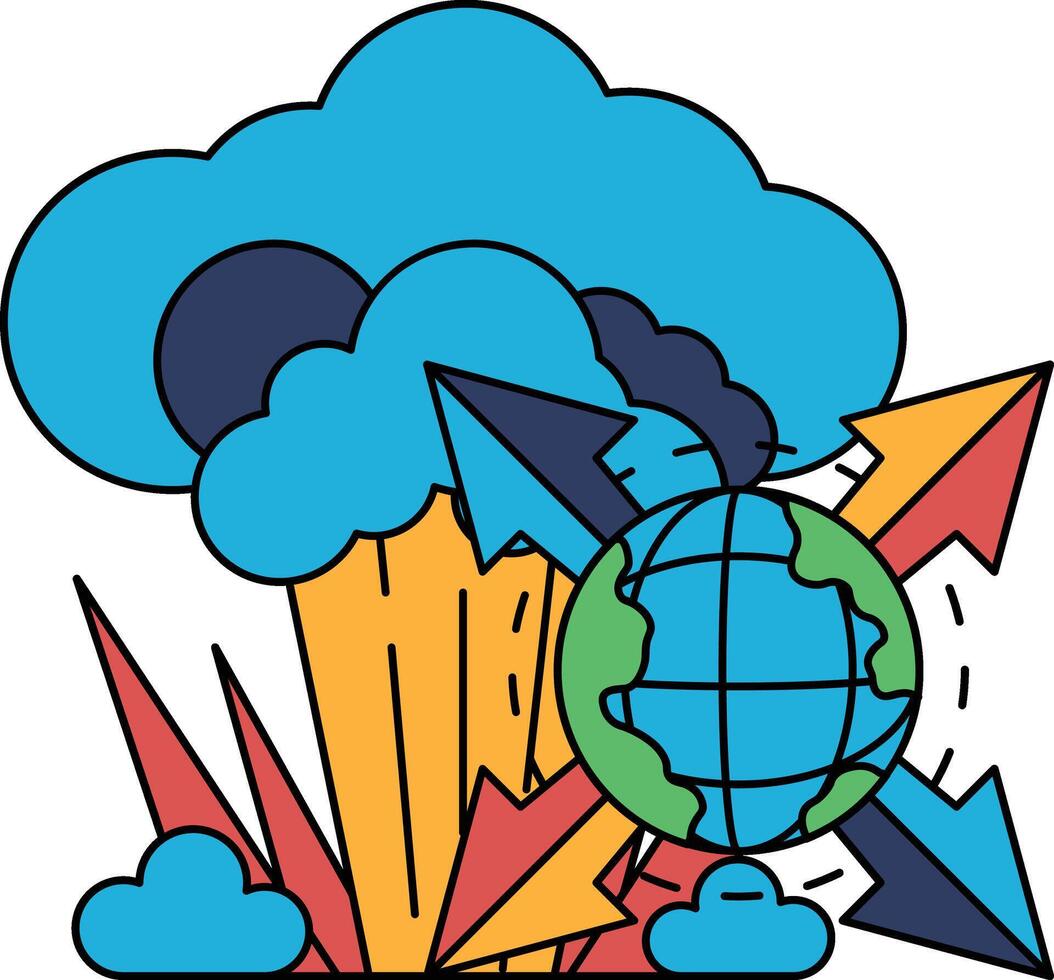 A black and white drawing of a planet with a large explosion in the background vector