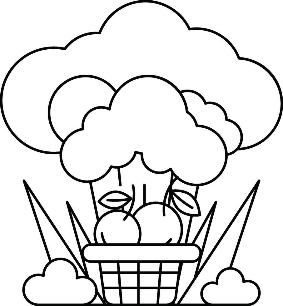A basket of fruit is shown in a field with a cloud in the background vector
