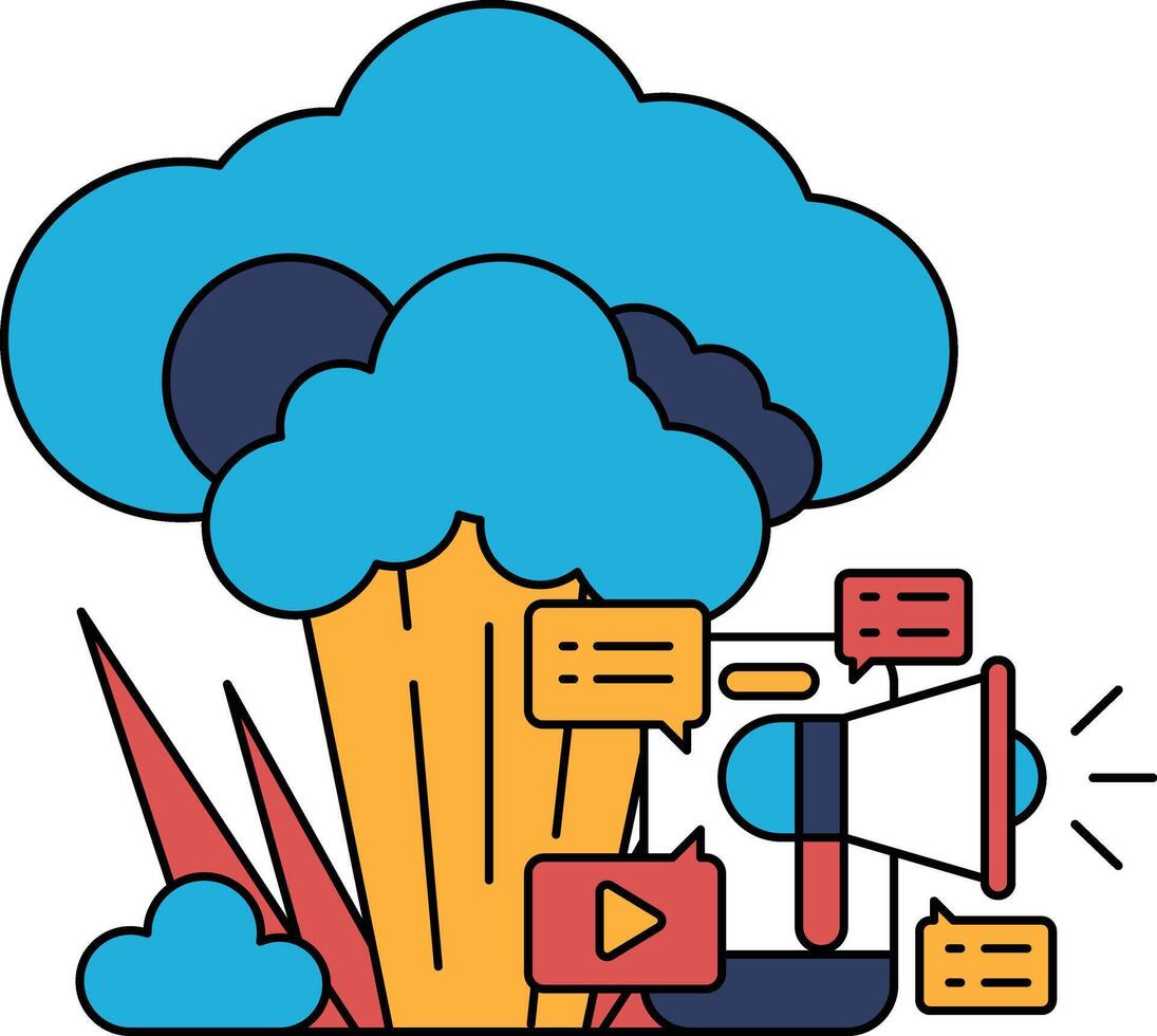 un negro y blanco dibujo de un nube con un cámara y un micrófono vector