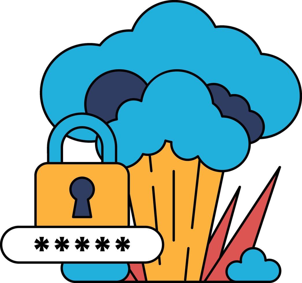 A black and white drawing of a lock and a key with a cloud in the background vector