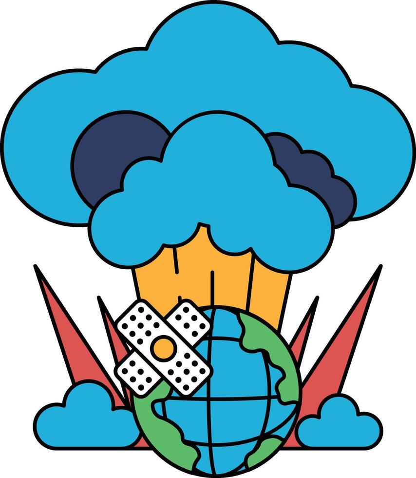 A black and white drawing of a planet with a large cloud and a small one vector