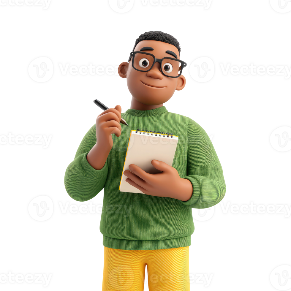 3D character taking notes with a pen and small notepad wearing glasses isolated on transparent background png