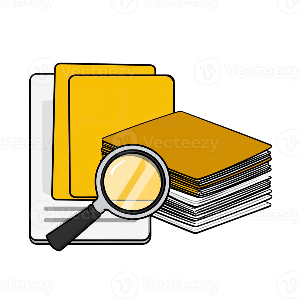 Magnifying glass over documents and folders representing data search and information management isolated on transparent background png