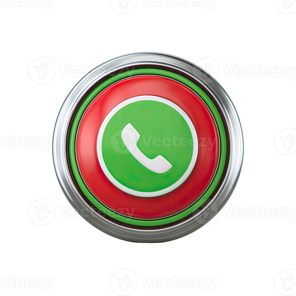 Shiny 3D telephone call button with green phone icon and red circular frame isolated on transparent background png