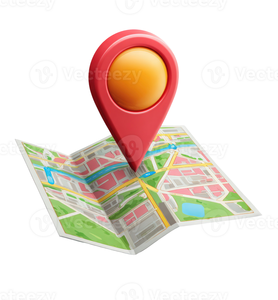 3d kaart pin wijzer icoon Aan een gevouwen stad kaart wijzend op plaats of navigatie geïsoleerd Aan transparant achtergrond png