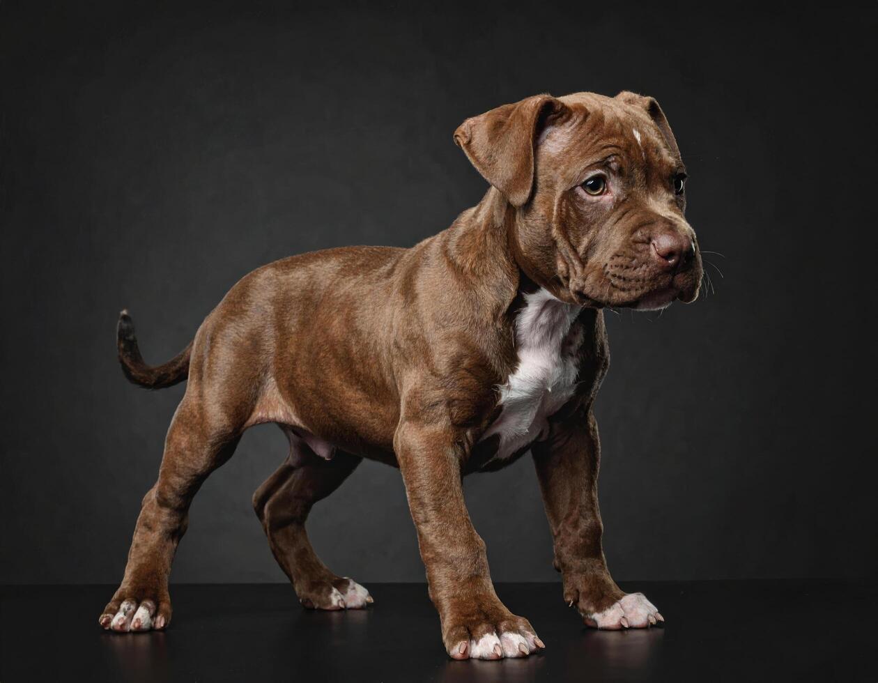 Brindle puppy standing on black surface with dark background, showing muscular body and white chest patch, alert and curious expression on face photo