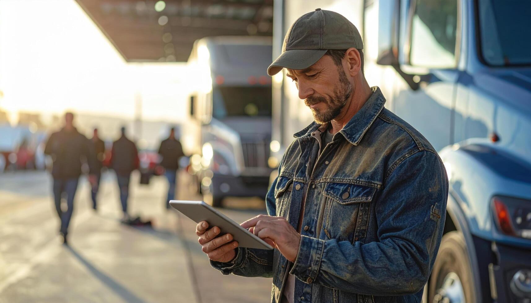 Man using digital tablet near truck at warehouse loading dock during sunset, focused worker in denim jacket and cap checking delivery schedule with warm light and blurred background photo