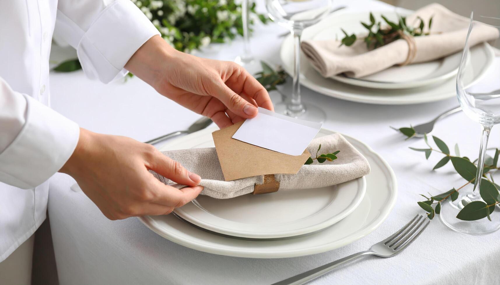Person placing blank card on napkin at elegant table setting with white plates, silver fork, wine glasses, and green foliage, creating refined and inviting atmosphere for event or dinner photo