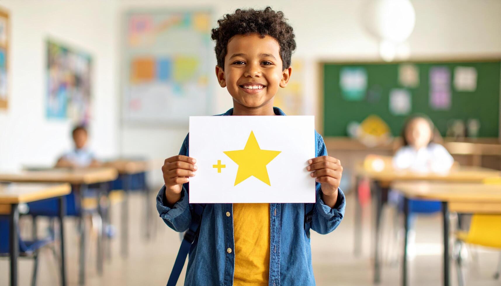 Cheerful child in classroom holds paper with yellow star, symbolizing achievement or reward. background shows desks and green chalkboard, creating positive learning environment photo
