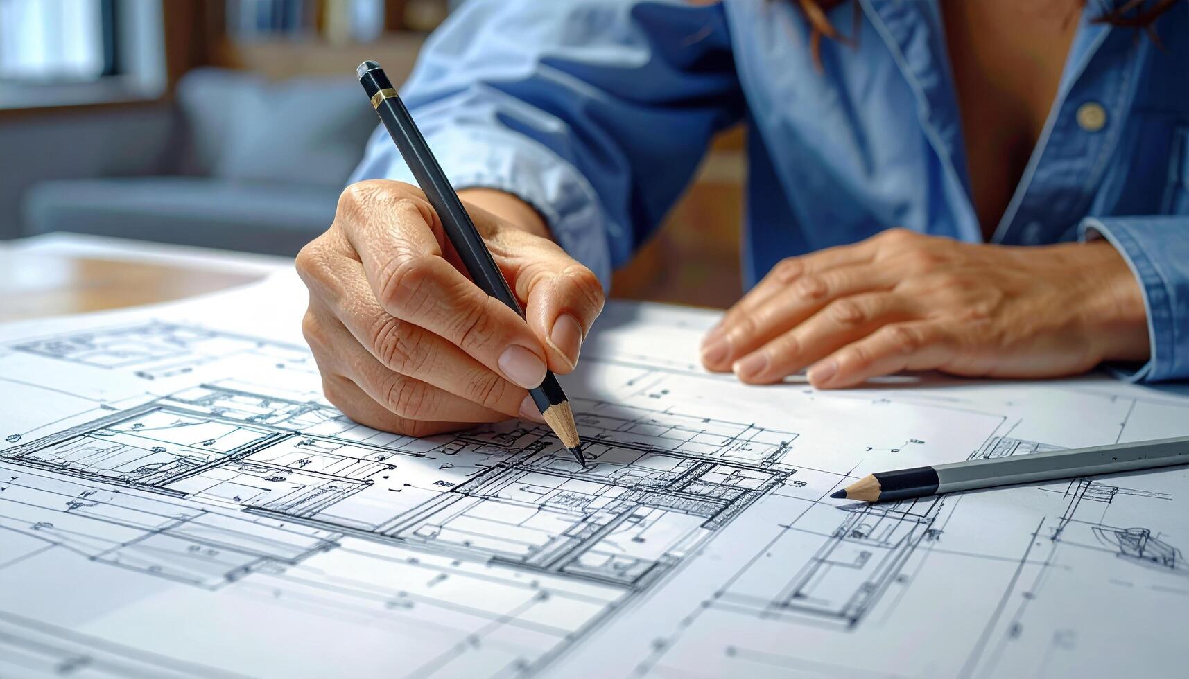 A person is drawing on a blueprint with a pencil photo