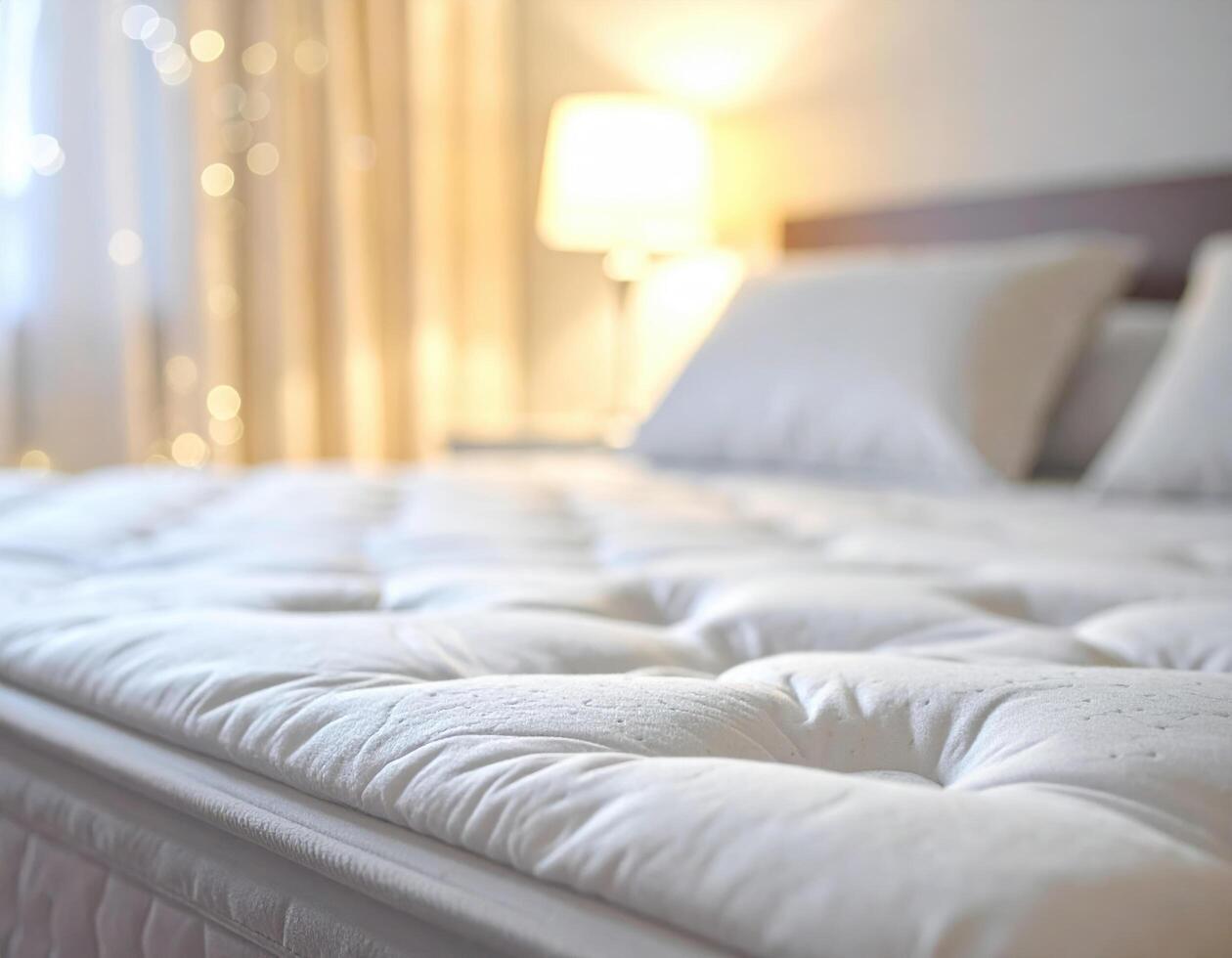 Soft white mattress with tufted surface in cozy bedroom setting with pillows and warm lighting creating calm and inviting atmosphere for restful sleep photo