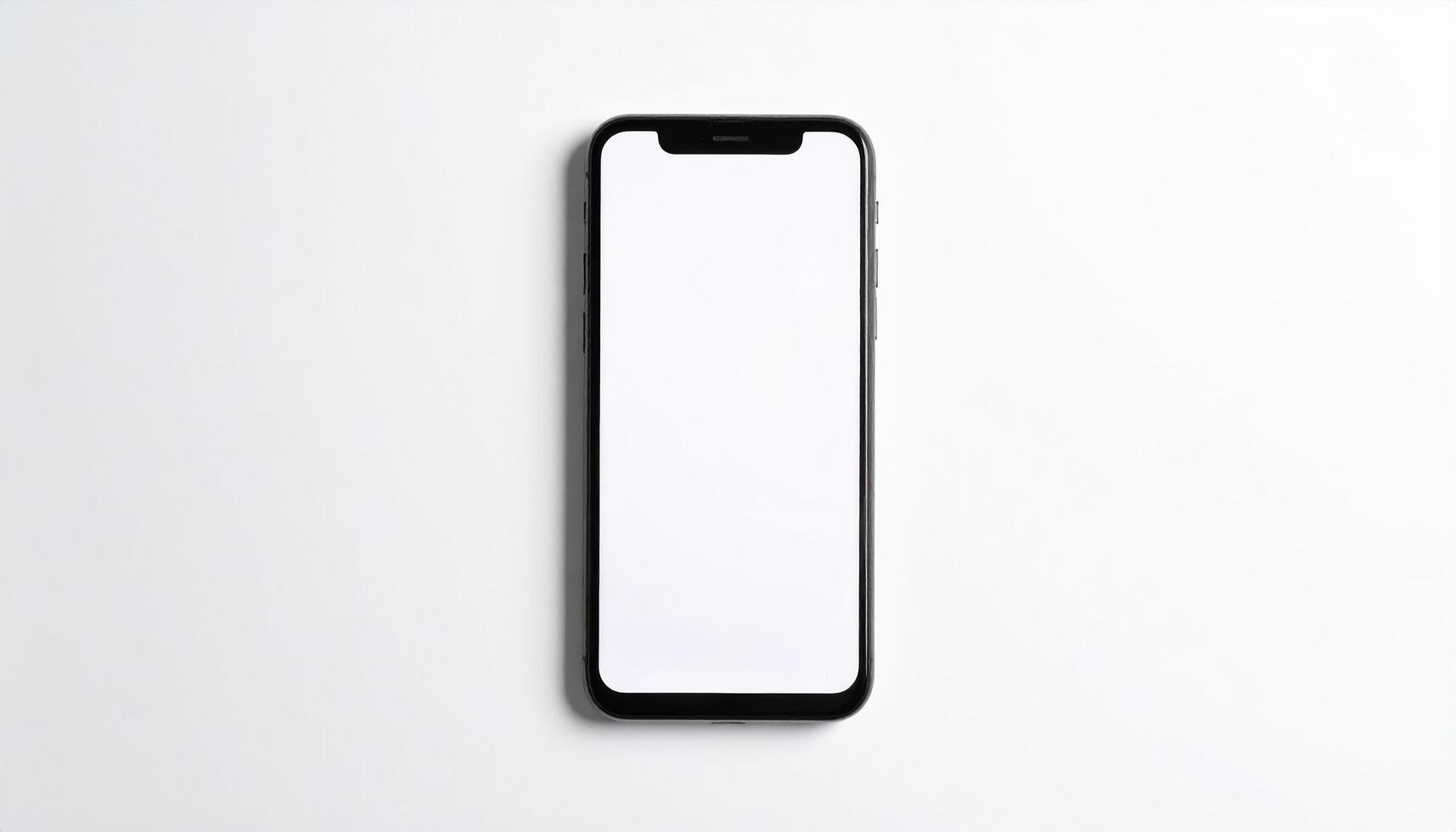 Smartphone with blank white screen on white background, modern mobile device with black frame, minimalistic technology concept with empty display for app or message, clean and simple design photo