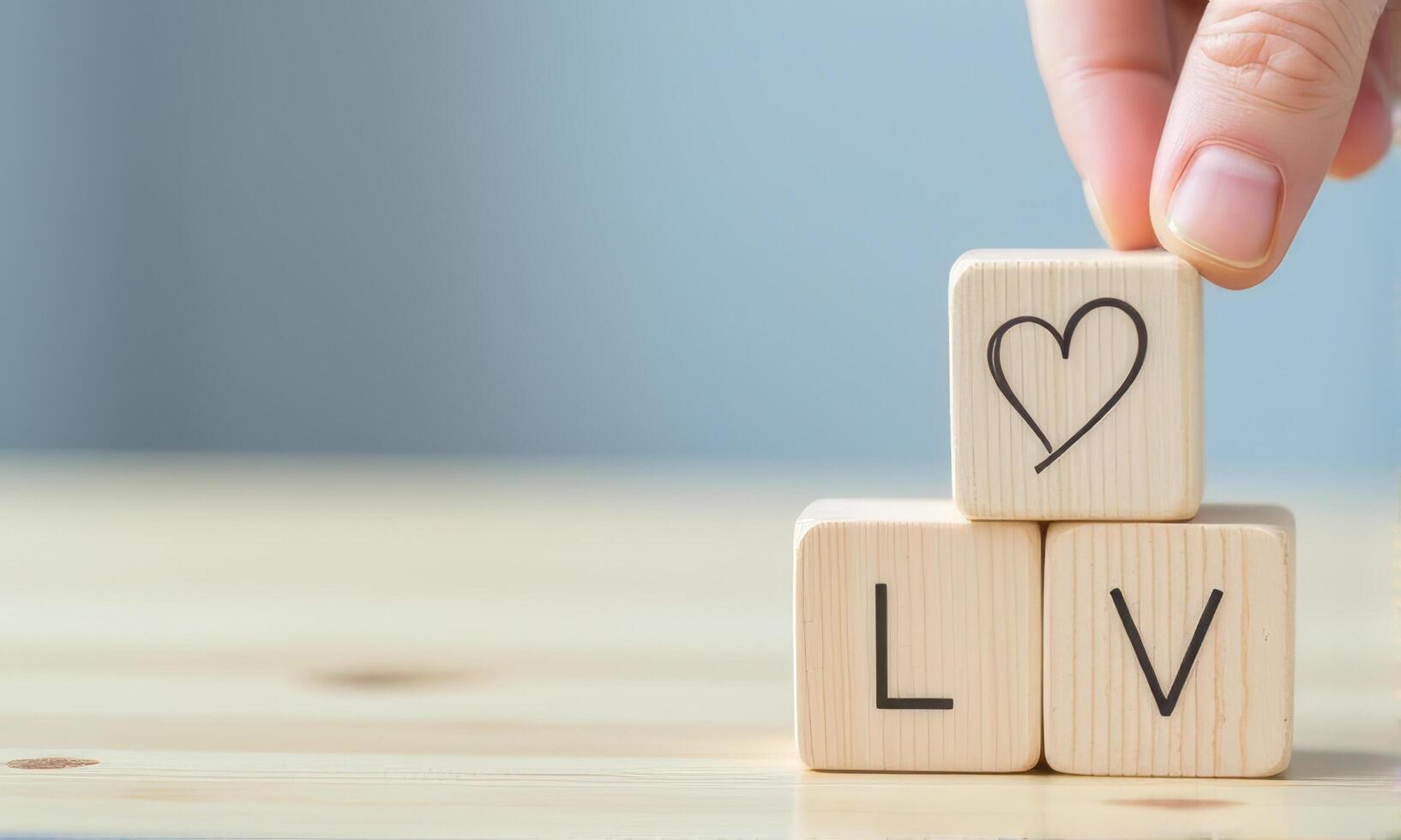 Wooden blocks with letters and heart symbol are stacked on light wooden surface, creating playful and loving atmosphere. hand is placing top block photo
