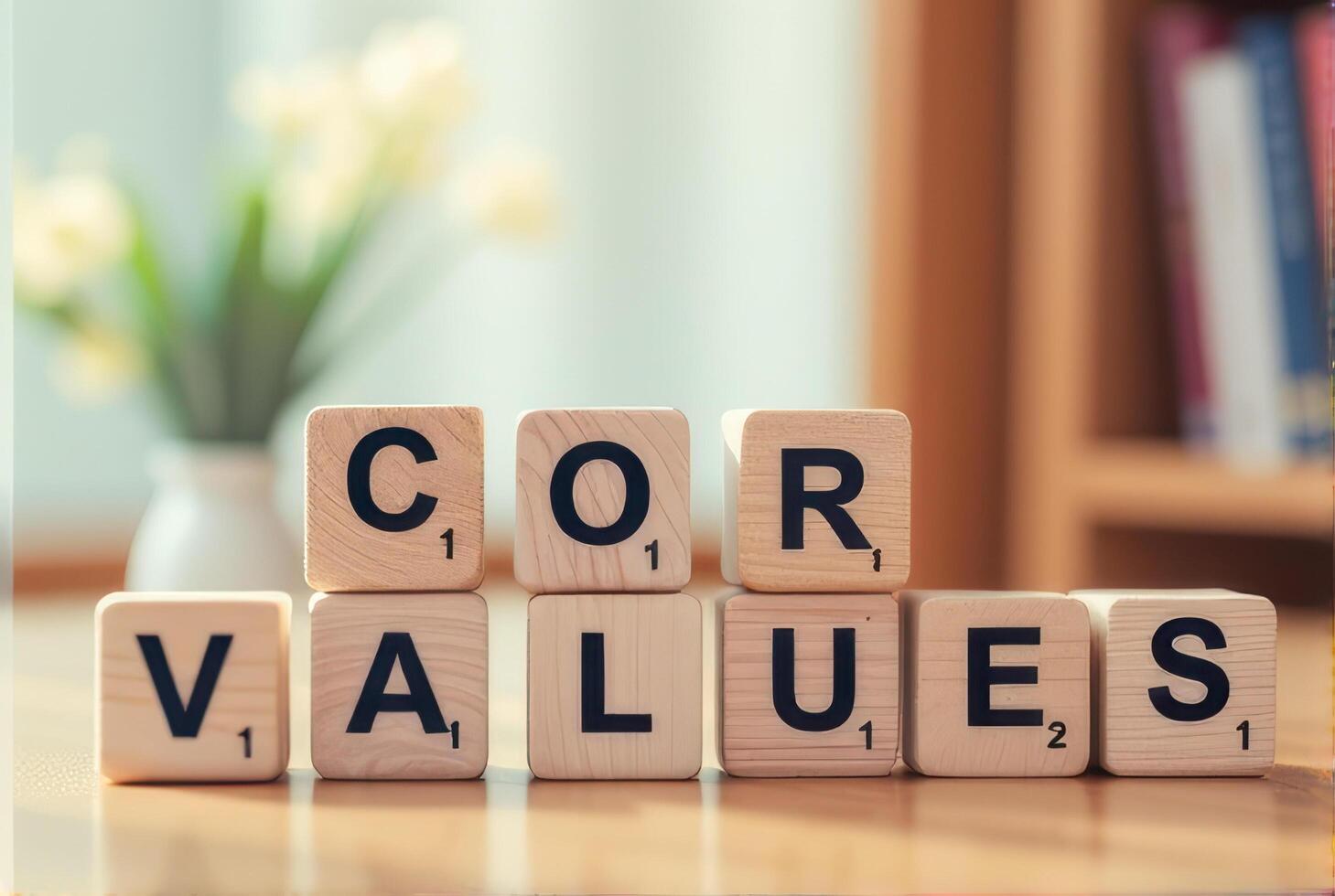Wooden blocks spelling core values are arranged on table, with blurred background of flowers and books, creating warm and inviting atmosphere photo
