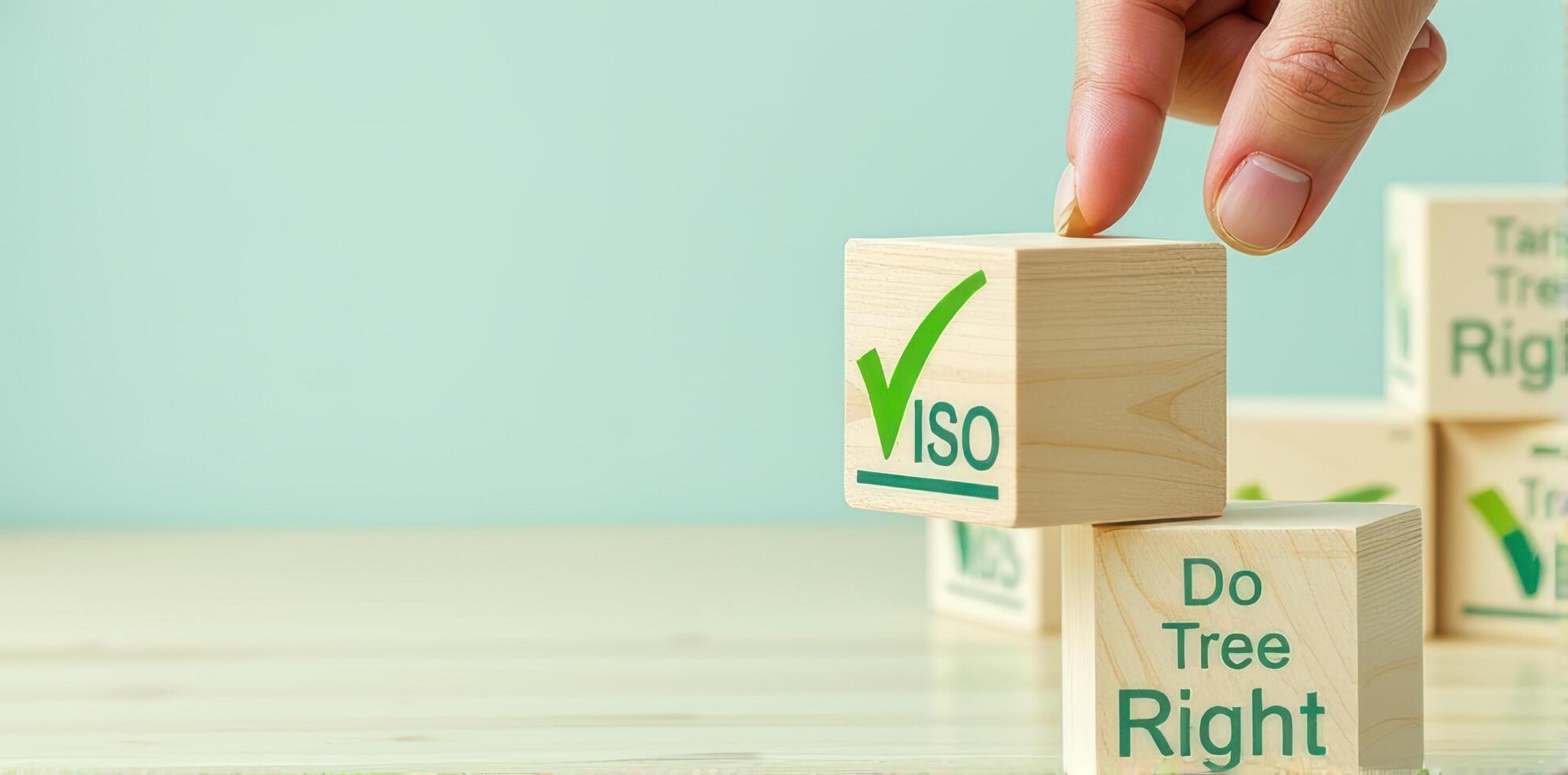 Wooden blocks with green text and symbols are stacked light wooden surface. hand is placing block with green checkmark and word ISO top. background is soft blue, creating calm and organized photo