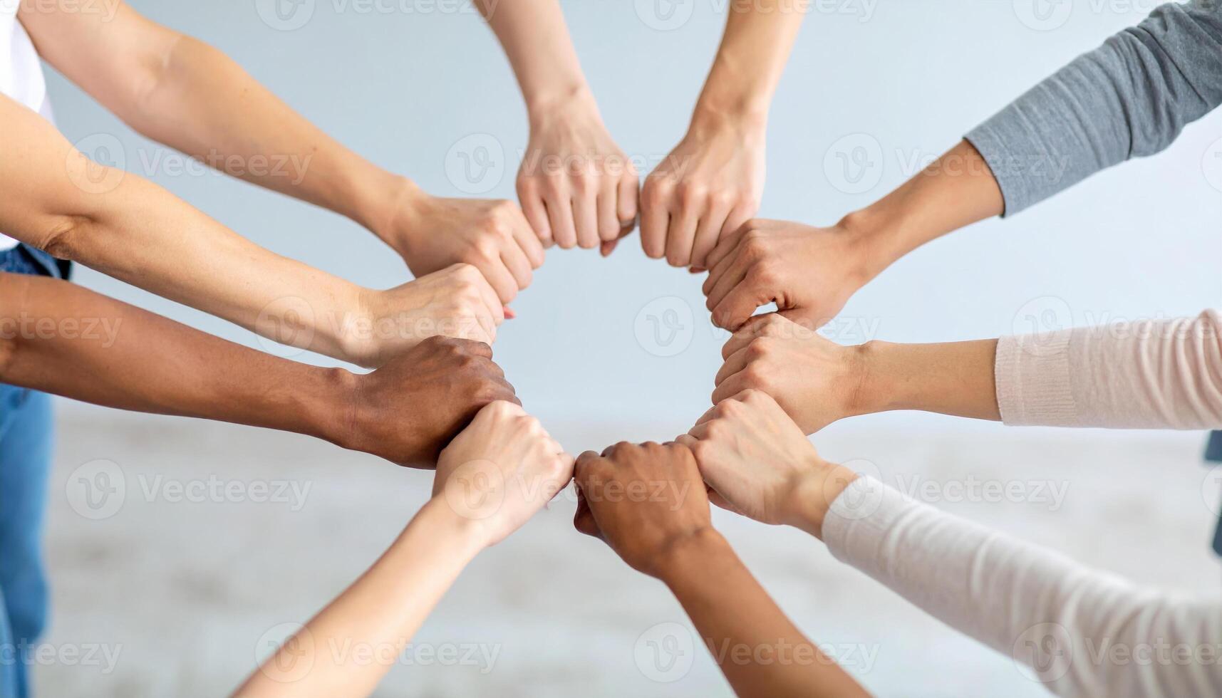 Unity and collaboration are represented through diverse hands forming circle, symbolizing teamwork and support. This captures essence of togetherness and community spirit photo