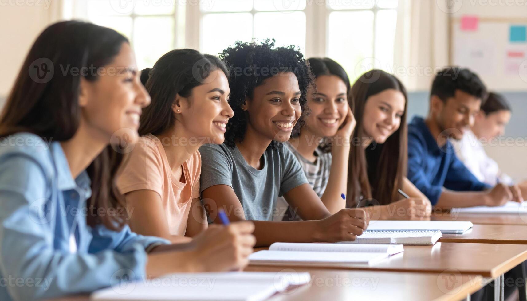 Engaged students classroom setting, smiling and focused their work, showcasing collaborative learning environment. atmosphere is positive and encouraging, highlighting teamwork and friendship photo