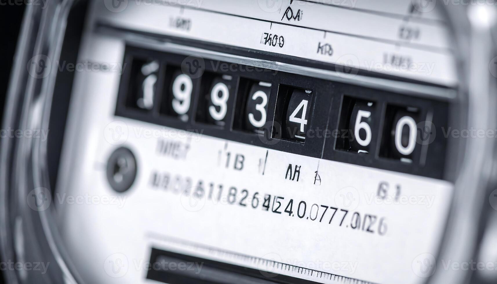 Close up of electric meter showing reading 19334.60, with focus on digital display and mechanical dials, capturing utility measurement process and energy consumption data photo
