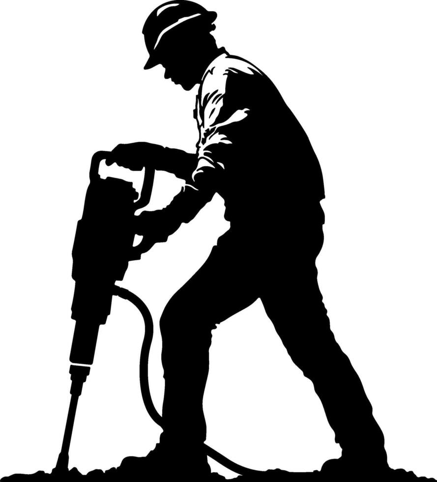 Black silhouette of a worker with a pneumatic hammer in a helmet without background. vector