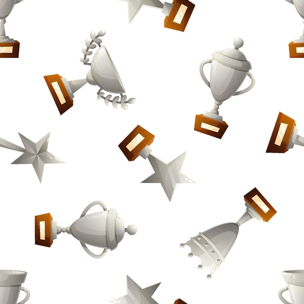Seamless pattern of silver trophies and medals in various shapes and sizes. The design features golden and silver awards on a white background. vector