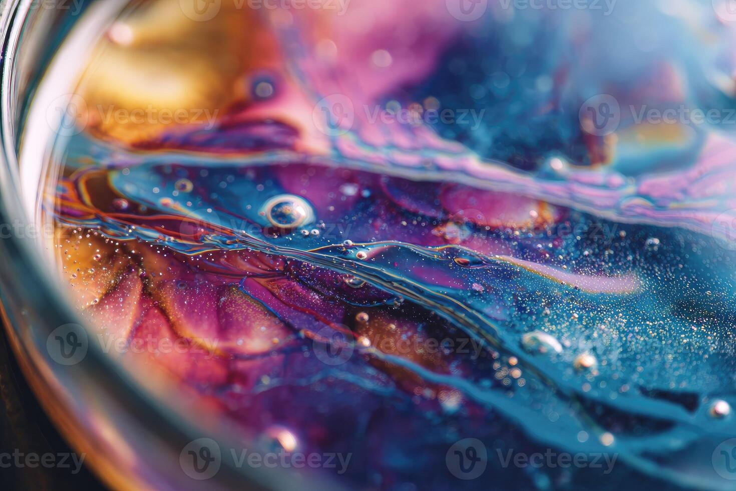 Close-up of colorful liquid with swirling patterns and bubbles. The vibrant hues include purple, blue, and gold, creating an abstract visual effect. photo