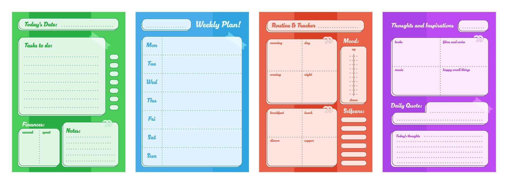 Bright planner pages set with daily tasks and to do lists, daily routine trackers. Lifestyle templates. vector