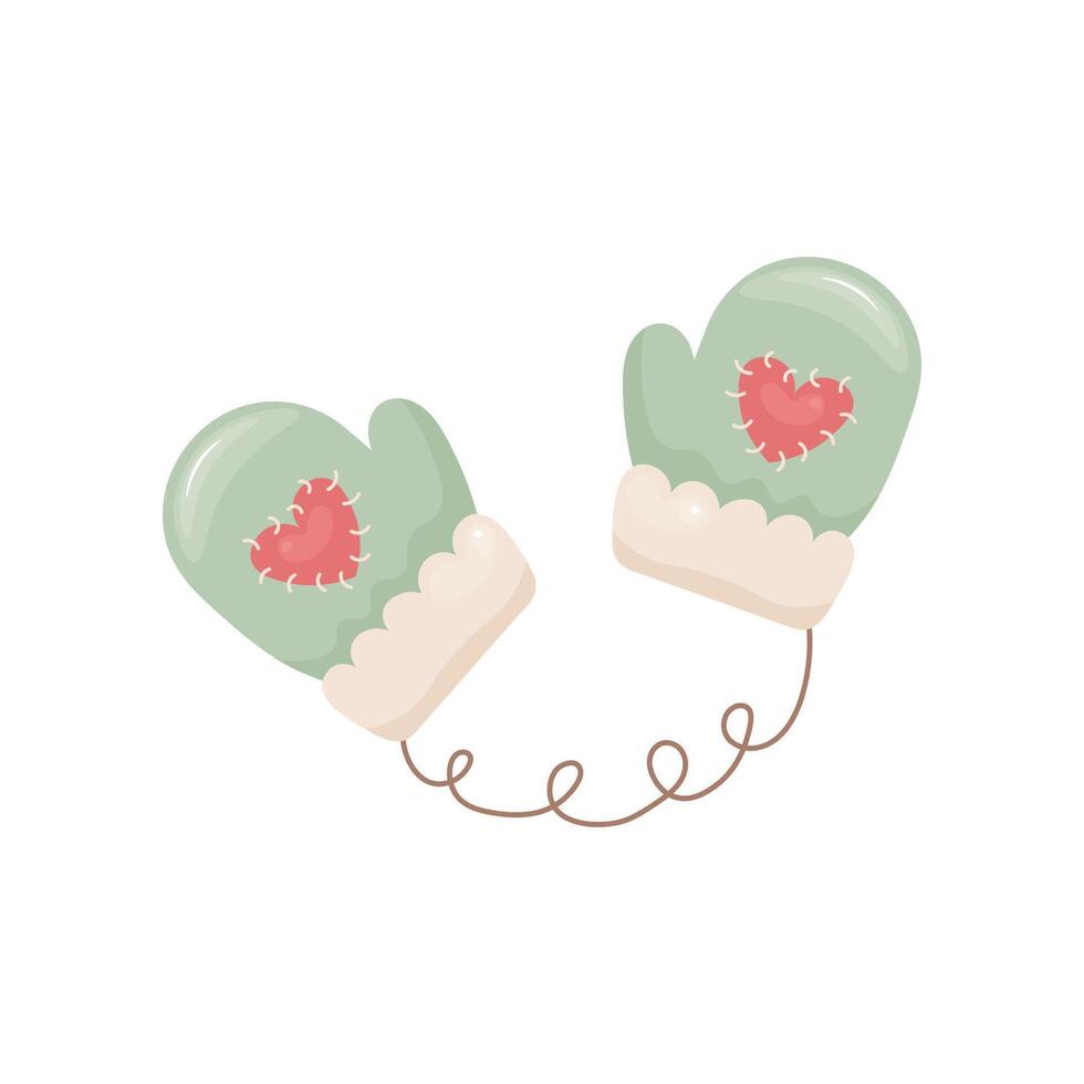 Hand-drawn green mittens with pink heart patches and cream cuffs on white background. Connected by curly string. vector