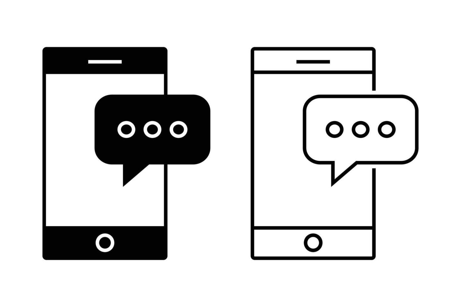Mobile phone messaging app icons set featuring outline and solid styles, depicting a smartphone with a speech bubble showing three dots, representing chat, text, and online communication notifications vector