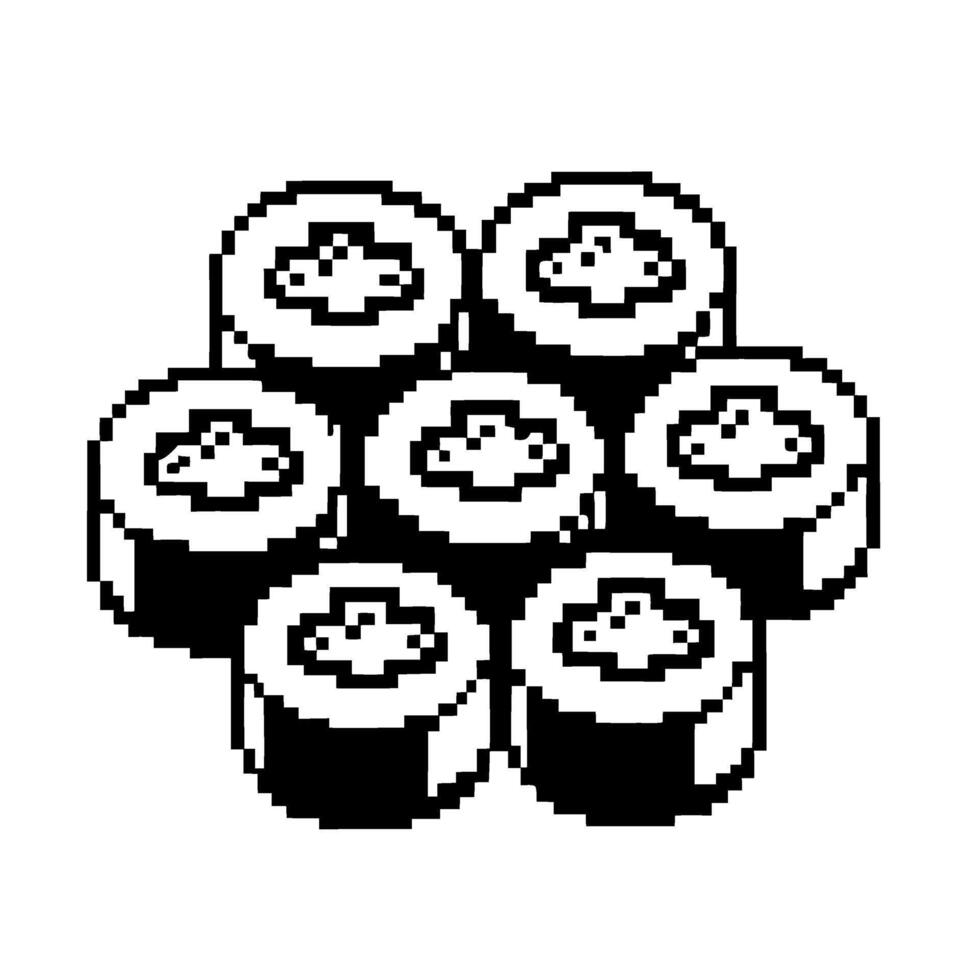 Pixel art sushi rolls arranged in a hexagonal pattern minimalist black and white retro digital food illustration vector