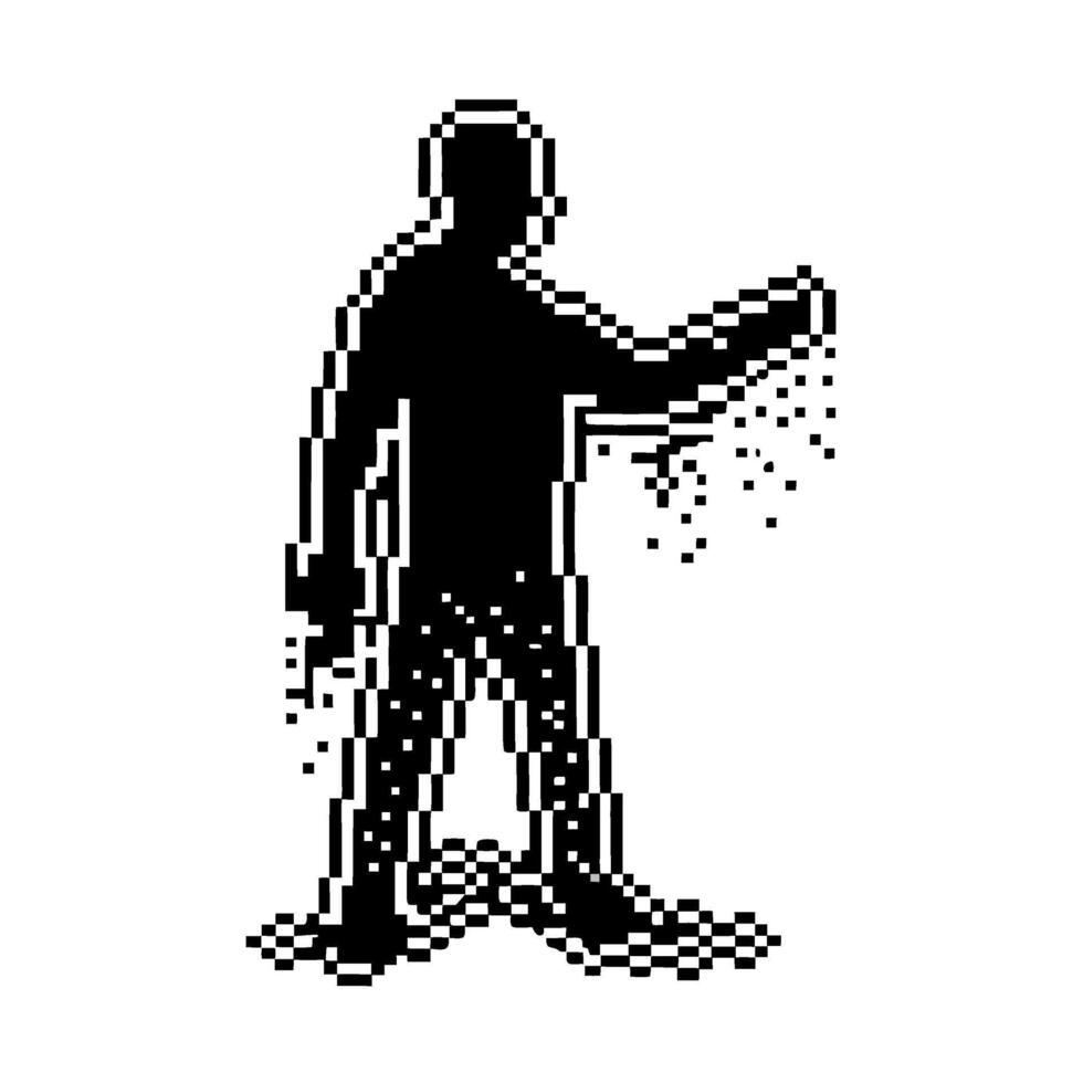 Pixelated silhouette of human figure dissolving into particles digital decay, glitch effect, retro pixel art, isolated on white vector