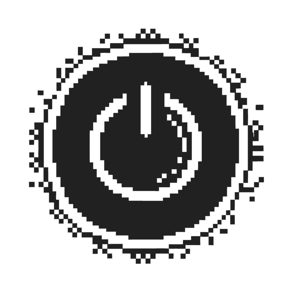 Pixel power button icon with digital glitch effect retro black circular symbol, modern technology shutdown motif vector