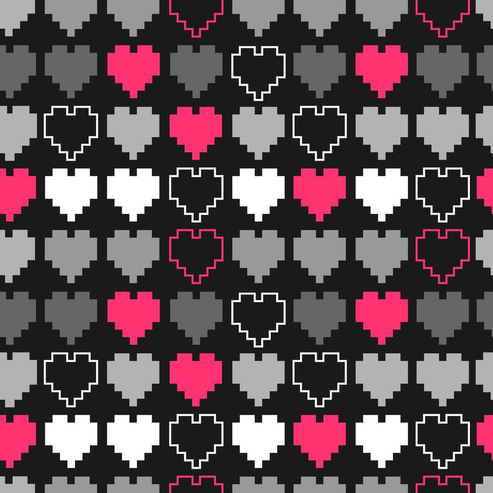 Seamless pattern featuring pixelated hearts on a black background, designed in retro 8 bit style, for Valentines Day graphics, wrapping paper, digital backgrounds, and game inspired designs. vector