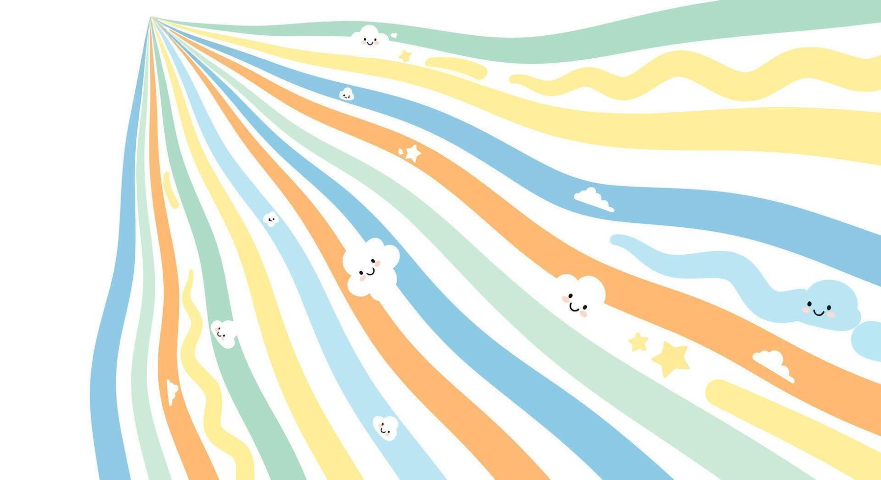 Pastel spectrum with smiling clouds and stars creates a whimsical and cheerful effect vector