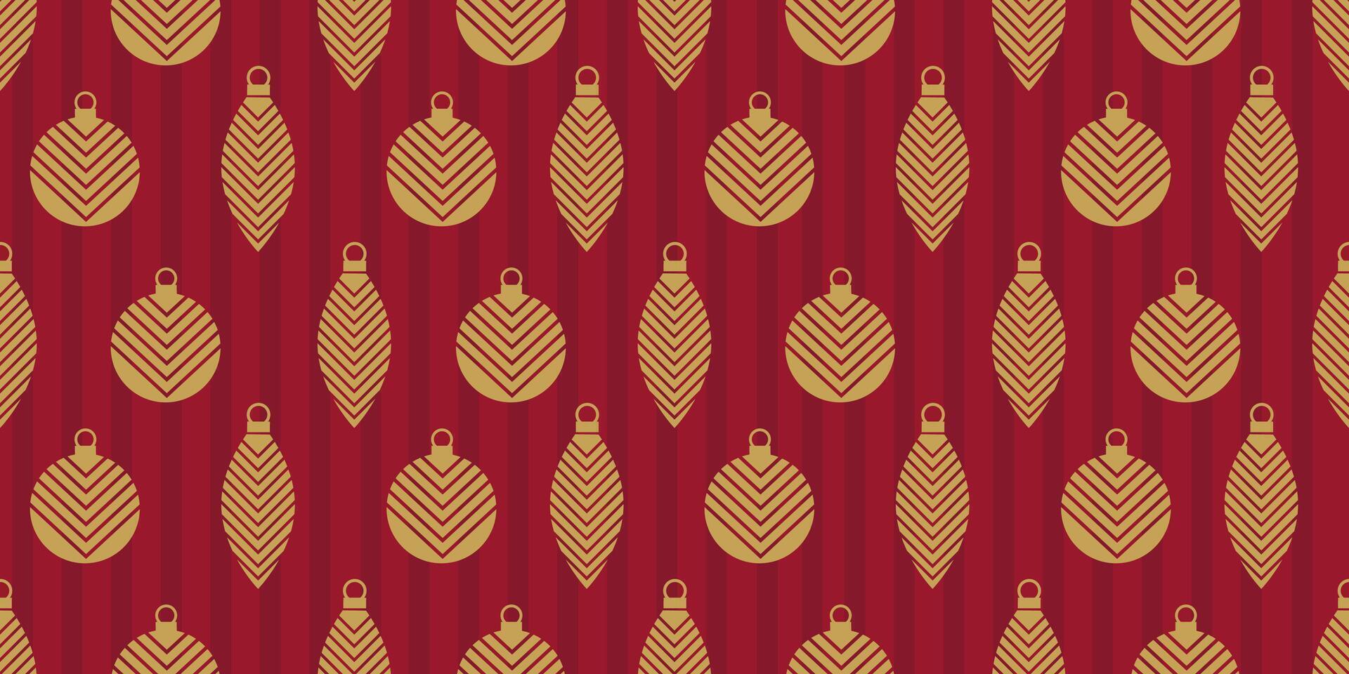 Seamless pattern with geometric Christmas decorations of various shapes on dark red striped background. Suitable for textiles, packaging and festive layouts vector