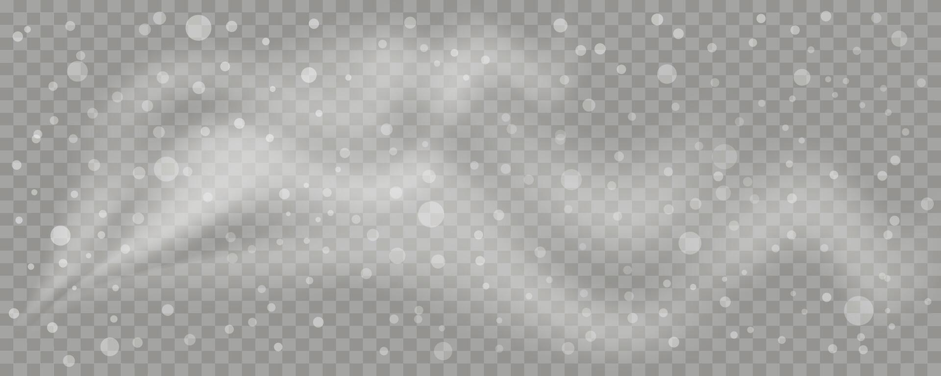 Realistic snowfall and blizzard wind overlay with white snow dots, blur, and fog effect on checkered background. Winter weather template. Editable illustration. vector