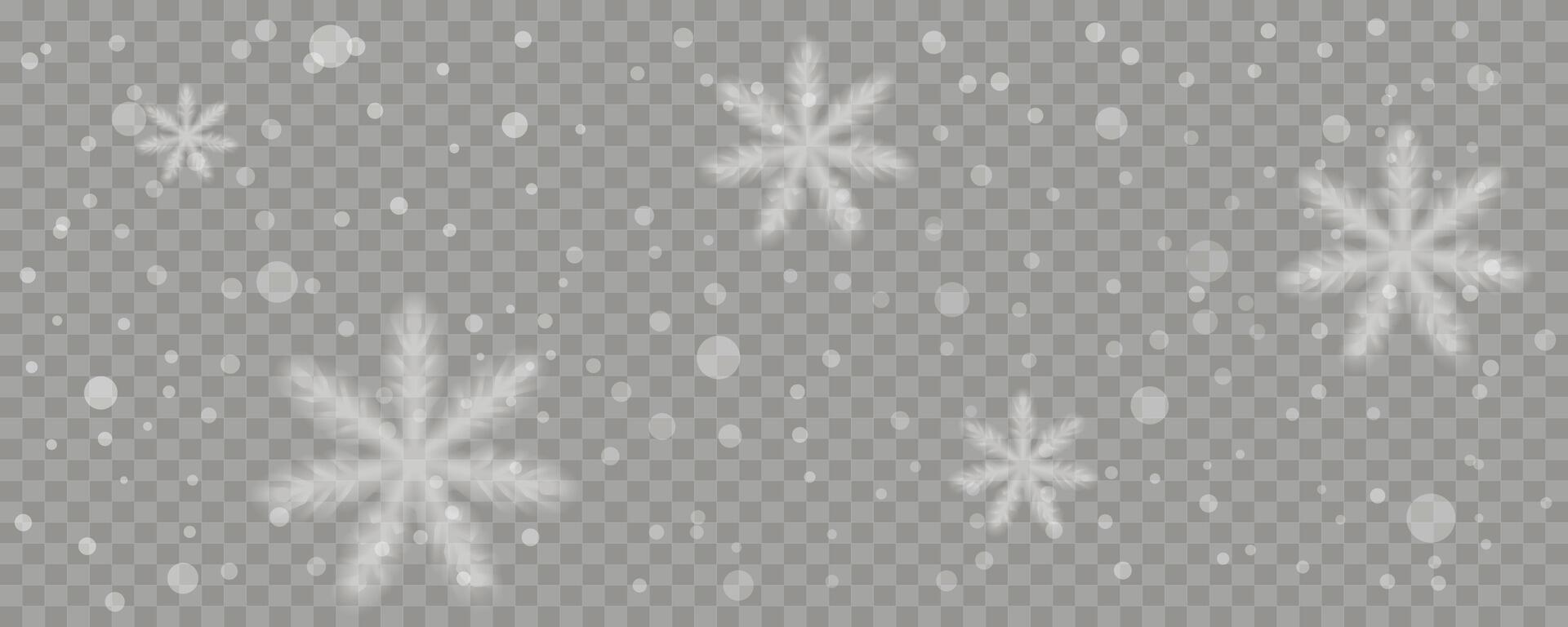 Realistic heavy snowfall with blurring snowflakes and bokeh effect, winter overlay isolated on checkered background. Editable illustration. vector