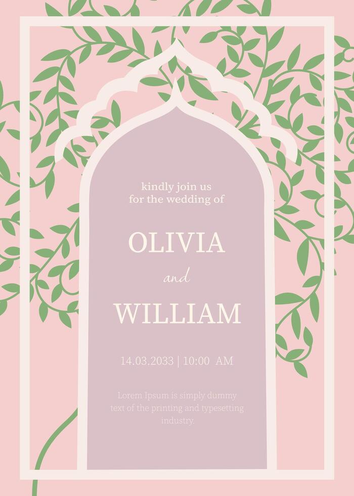 Elegant pastel layout with a decorative arch and flowing green leafy branches, designed in a soft minimalist style with refined typography for a graceful celebratory announcement. vector