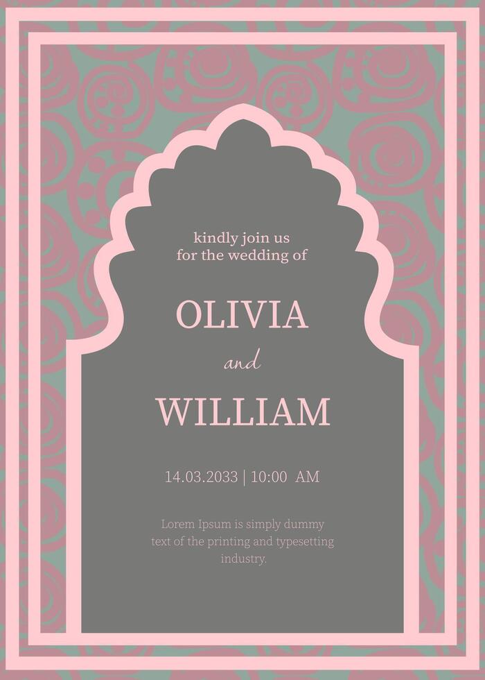 Stylish geometric layout with a scalloped arch frame, soft pink accents, and abstract circular patterns, all designed in a refined minimalist style for an elegant celebratory announcement. vector