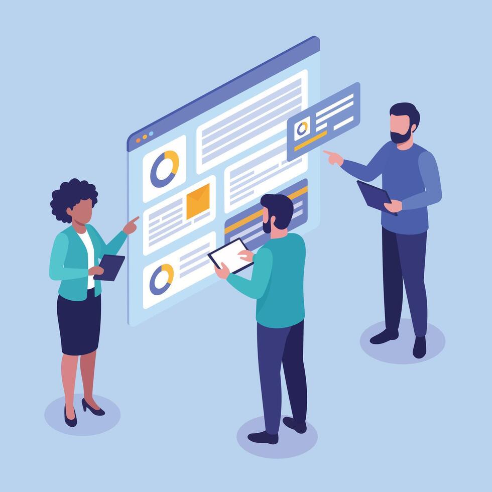 Modern Minimalist Illustration of Diverse Business Professionals Collaborating Digitally on a Unified Dashboard to Symbolize Seamless Digital Transformation and Technological Integration in Business vector