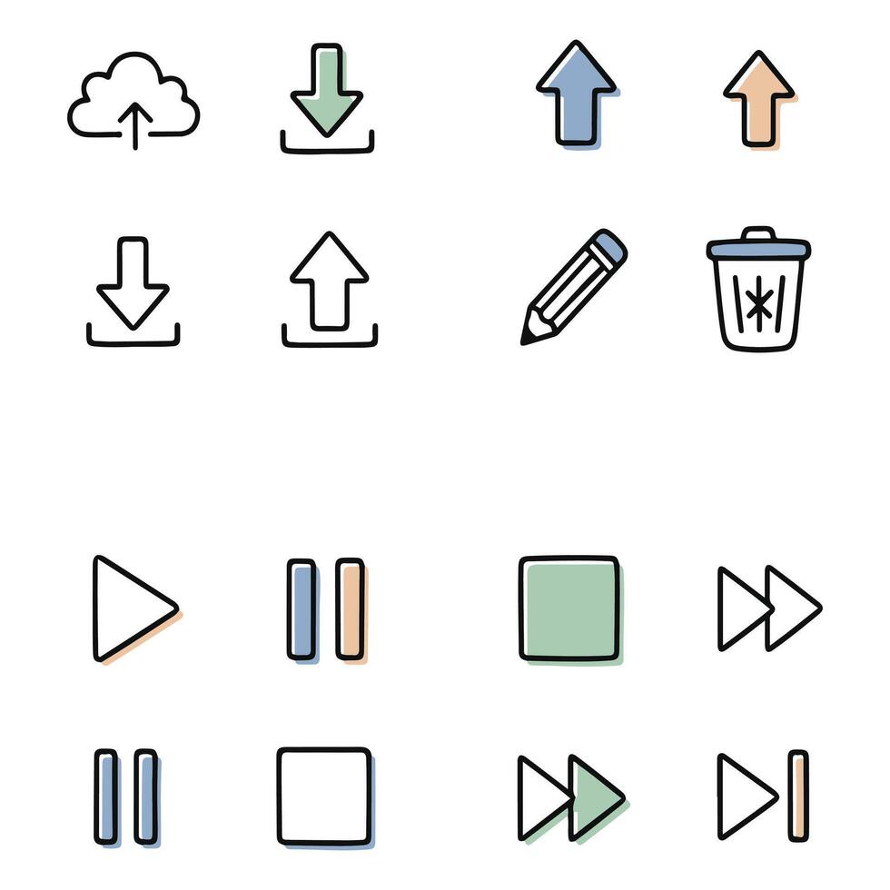 Hand Drawn UIUX Icons Web Navigation, Action Media Control Set vector