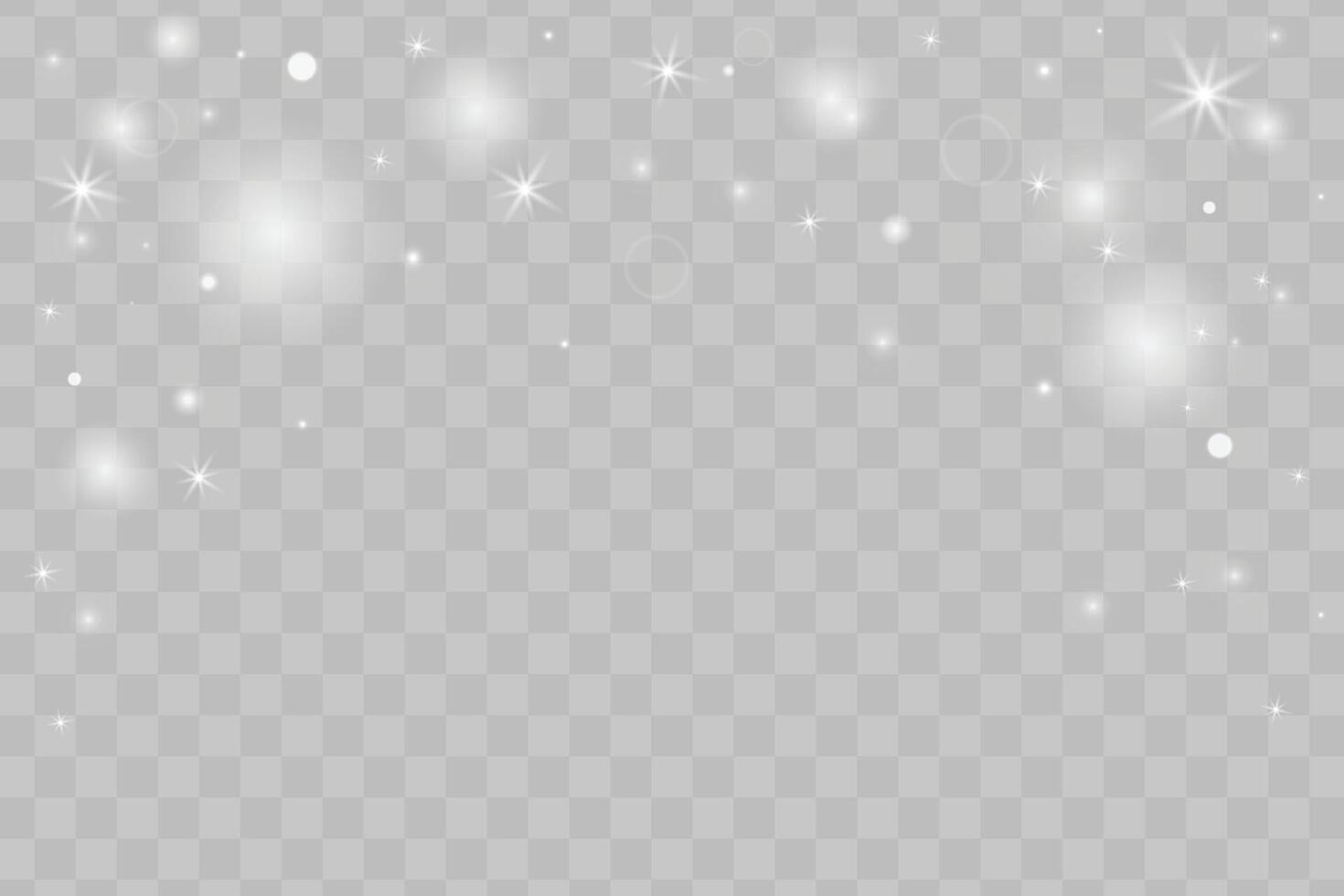 Sparkling light effect with glowing glitter particles and shiny stars border for Christmas and New Year designs. Magical silver light sparkles, bokeh and glittering dust vector