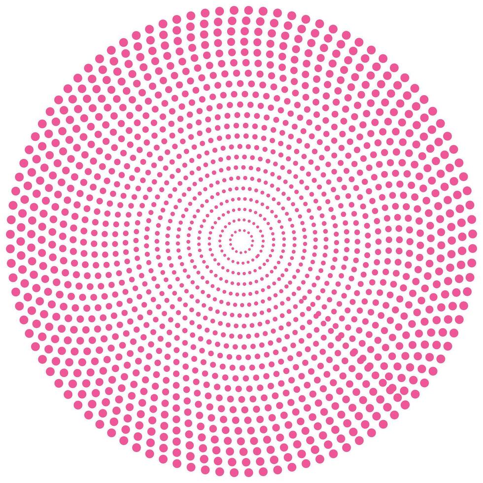 Vibrant pink dots halftone arranged in a concentric circular radial pattern, creating a dynamic visual effect. vector