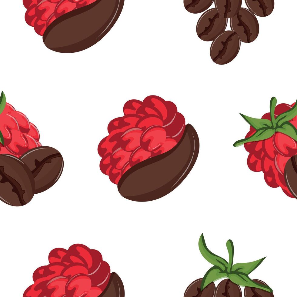 pattern on the theme of different coffee flavors, namely a combination of coffee and ripe pink raspberry fruits with a green tail on a white background vector