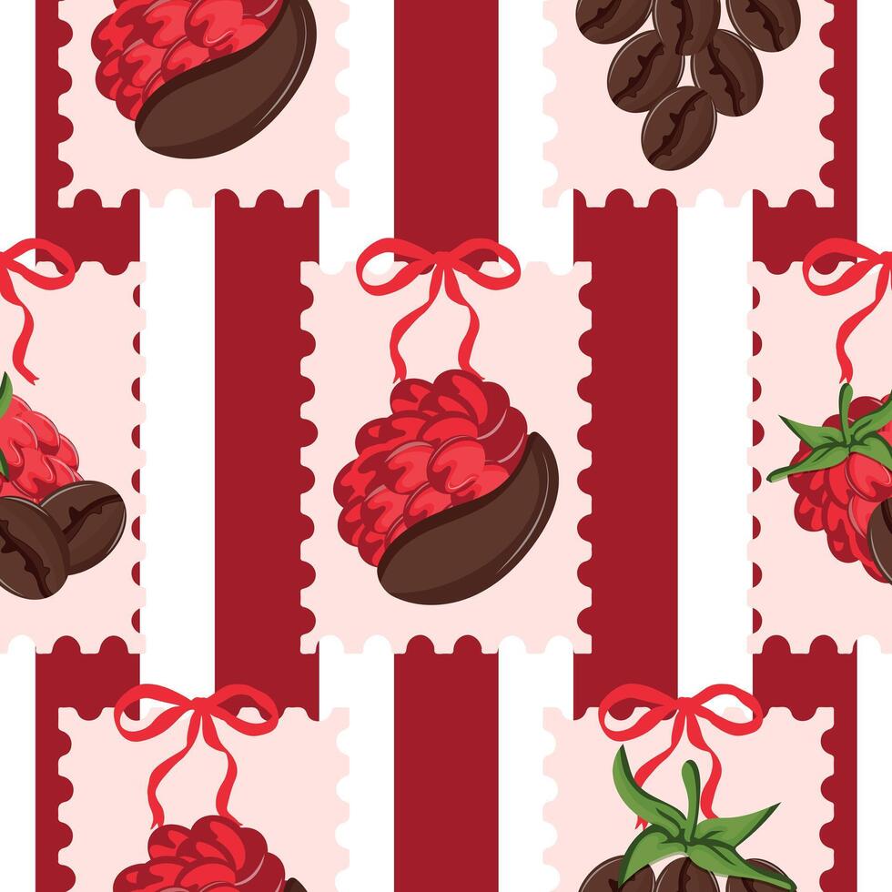 seamless pattern on the theme of different coffee flavors, namely a combination of coffee and ripe pink raspberry fruits with a green tail on a striped background vector
