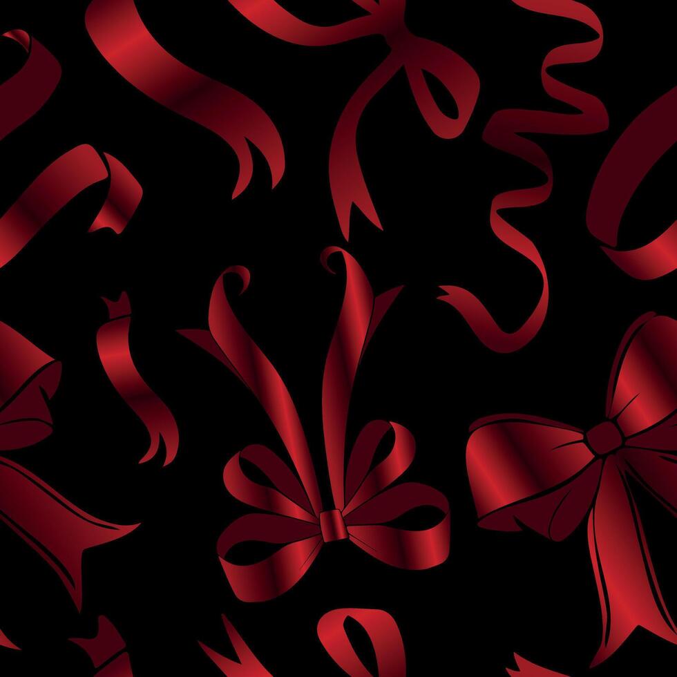 seamless pattern with various ribbons and bows of different shapes with a red gradient on a black background, for holiday designs, social media or web design vector